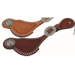 Western Rawhide Country Legend Shaped Basket Tooling Spur Straps With Steel Dots - Chestnut