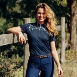 Horze Women's Kaitlin Short Sleeved Performance Shirt W/ Flower Print - Peacoat Dark Blue -The Equestrian Shop 543294 800 800