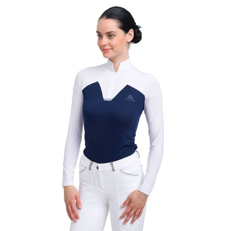 Cavalliera Women's POP Long Sleeve Show Shirt - White/Navy Blue 3 Cavalliera Women's POP Long Sleeve Show Shirt - White/Navy Blue