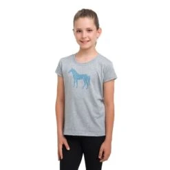 Cavalliera Women's Blue Horse Short Sleeve Cotton Top - Grey Melange