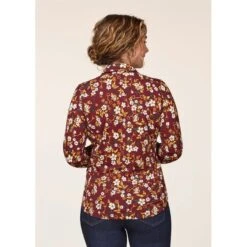 EQL Women's Ruched Button Front Long Sleeve Shirt - Sangria Snaffle Floral -The Equestrian Shop 698682 800 800
